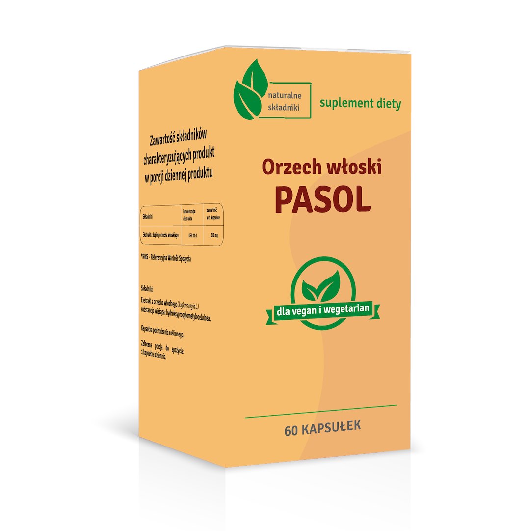 PCF Walnut PASOL 500 mg (60 kapsulių) maisto papildas su graikinių riešutų ekstraktu, palaikantis virškinimo sistemą ir imunitetą. Tinka veganams ir vegetarams.