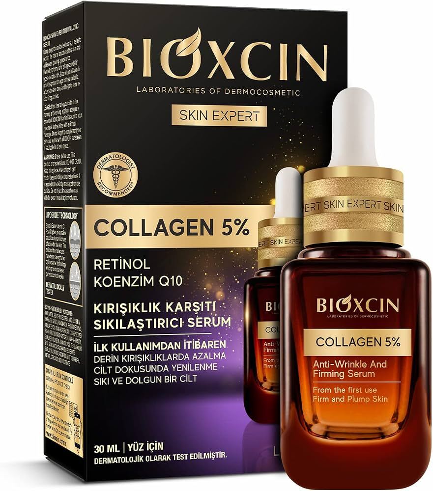 Bioxcin Skin Expert Collagen 5% – stangrinamasis veido serumas nuo raukšlių su retinoliu ir kofermentu Q10, 30 ml