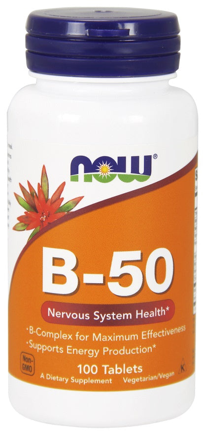 NOW Foods Vitamin B-50 maisto papildas, 100 tablečių, nervų sistemos stiprinimui