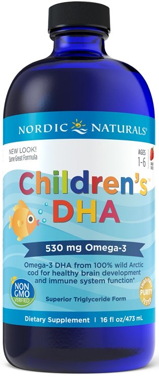 Nordic Naturals bērnu DHA, 530 mg Omega-3 zemeņu garša - 473 ml.
