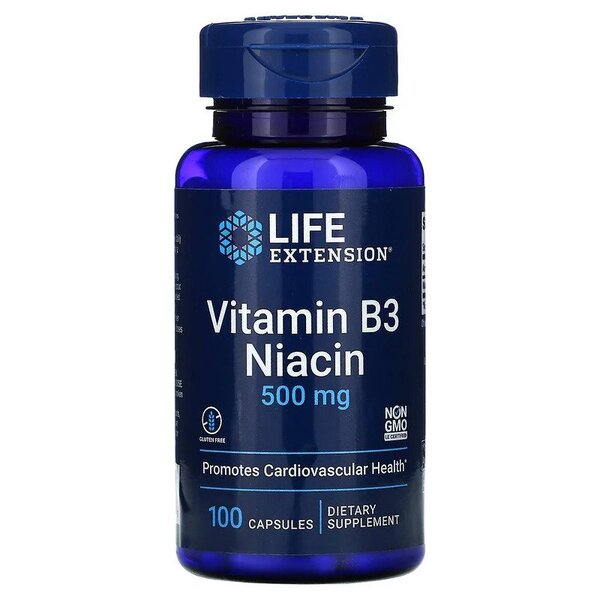 Dzīves pagarināšanas vitamīns B3, niacīns, 500 mg - 100 kapsulas