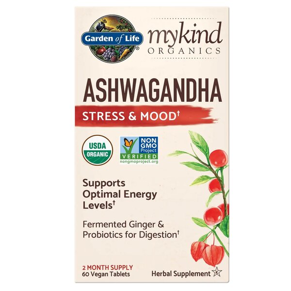 Garden of Life Mykind Ashwagandha - 60 vegan tabletės, virškinimui ir nuotaikai, ekologiškas maisto papildas