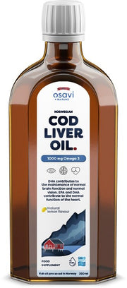 Osavi Norvegijos menkių kepenų aliejus, 1000mg Omega 3, citrinos skonis, 250 ml