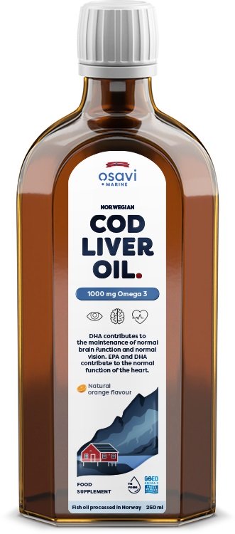 Osavi Norvegijos menkės kepenų aliejus, 1000mg Omega 3, apelsinų skonio, 250 ml
