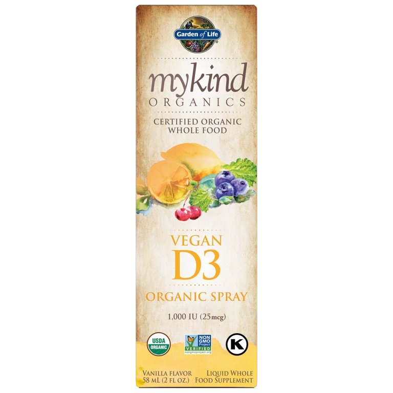 Garden of Life Mykind vegan D3 purškalas, 1000 IU, vanilės skonis, 58 ml, ekologiškas maisto papildas