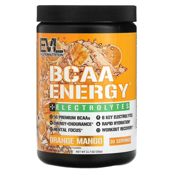 EVLution Nutrition BCAA Energy + Electrolytes, Orange Mango - 333g, sporto papildas