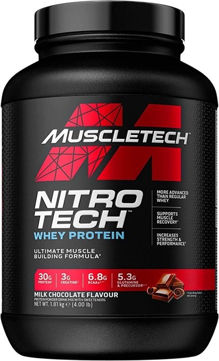MuscleTech Nitro-Tech, pieno šokolado baltymų milteliai, sporto papildas