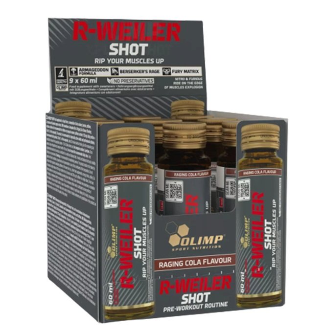 Olimp Nutrition R-Weiler Shot, Raging Cola, energijos papildas, sporto papildas, prieš treniruotę, 9 vnt., 60 ml
