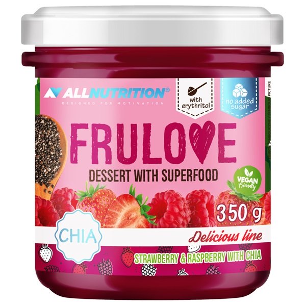 Allnutrition Frulove desertai su supermaistingu, braškės ir avietės, chia sėklomis, 350 g