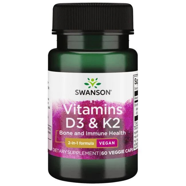 Swanson vitamīni D3 un K2, 50mcg un 75mcg - 60 kapsulas
