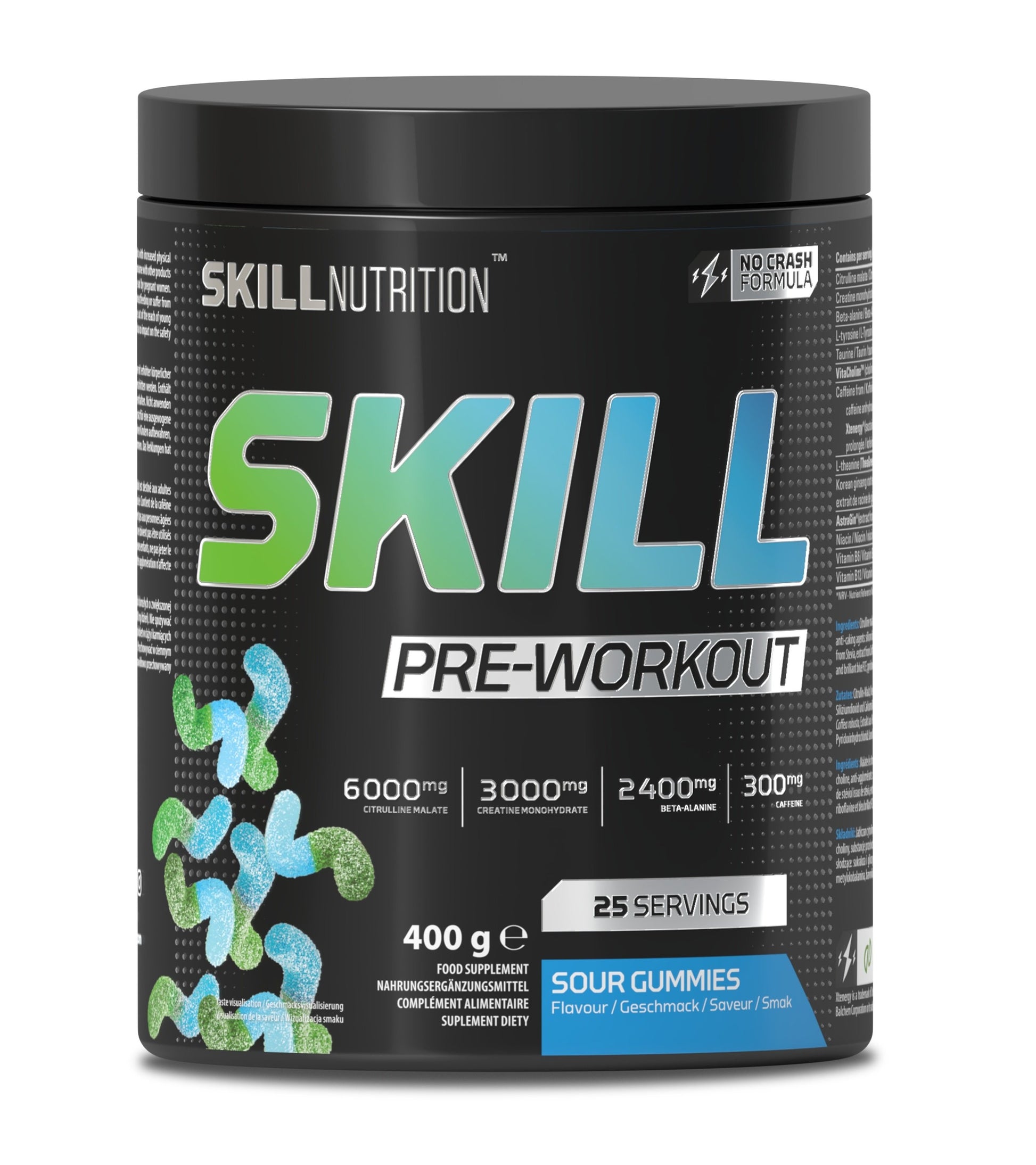 Skill Pre-Workout Sour Gummies, sporto papildas