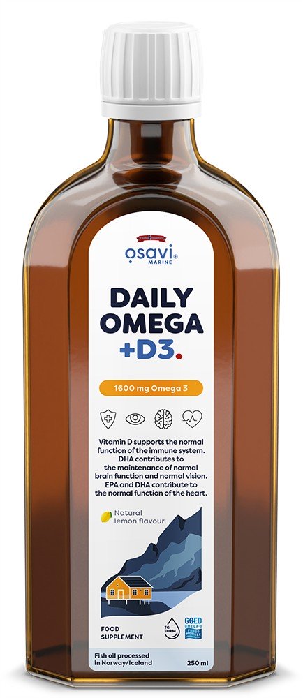 Osavi Daily Omega + D3, 1600mg Omega 3, natūrali citrinos skonio, 250 ml
