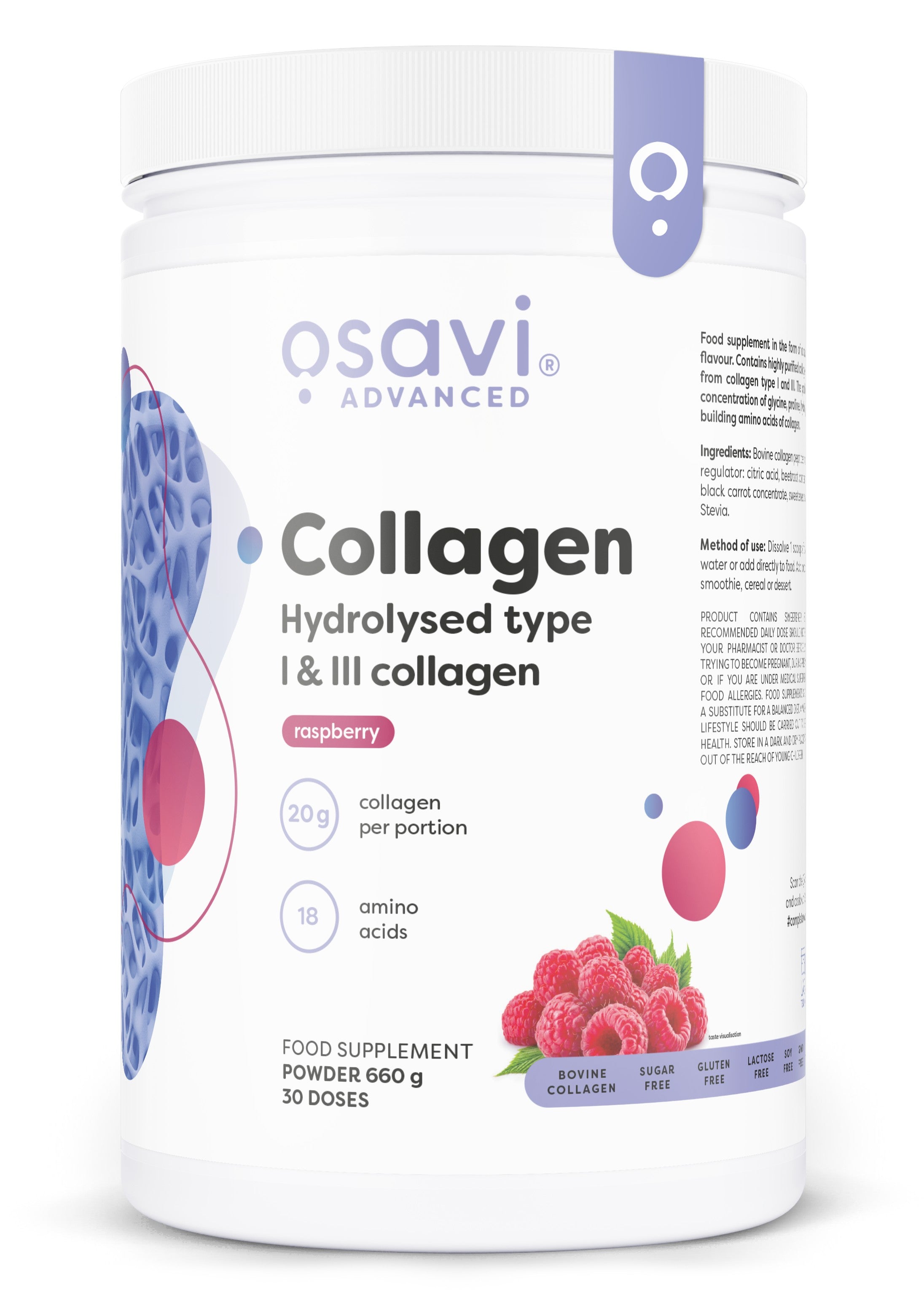 Osavi Collagen Hydrolysed Type I & III, Raspberry - 660 gramų