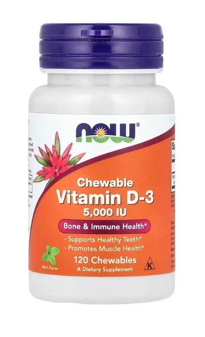 NOW Foods Vitamin D-3, 5000 IU, kramtomosios tabletės, maisto papildas