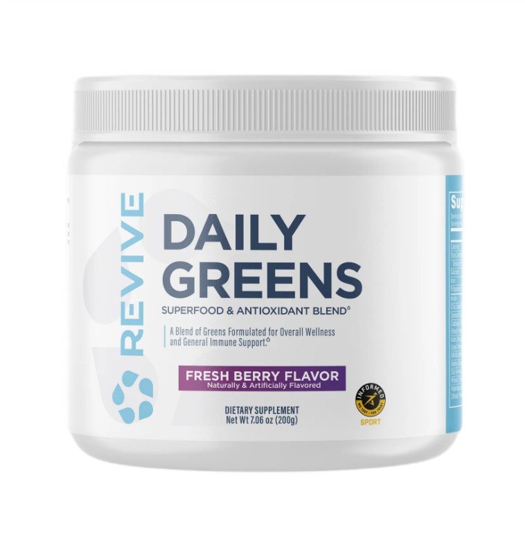 Revive Daily Greens milteliai, šviežių uogų skonis, sveikatos papildas