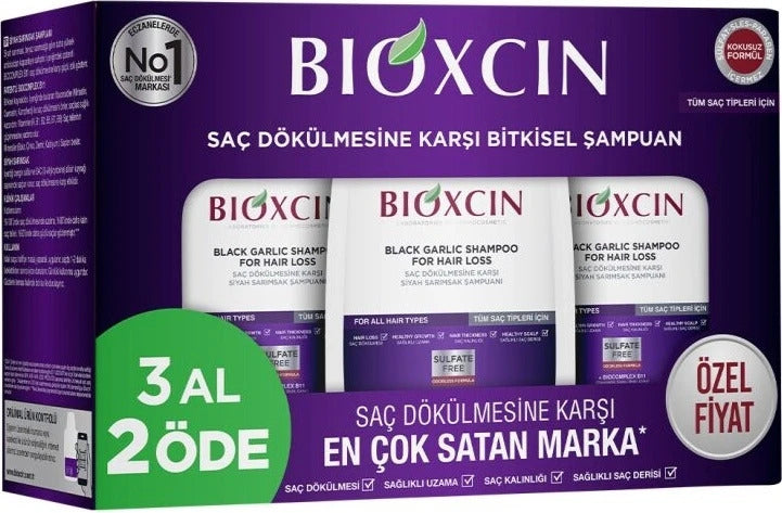 Bioxcin Black Garlic Shampoo for Hair Loss – stiprinamasis šampūnas nuo plaukų slinkimo su juodaisiais česnakais, 3 × 300 ml